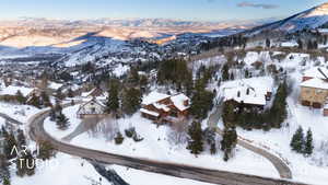 Snowy aerial view featuring a mountain view
