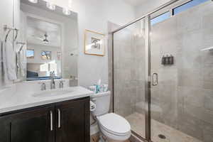 Ensuite bathroom with plenty of natural light, a shower stall, and vanity