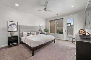 Bedroom with light carpet, access to outside, a ceiling fan, and recessed lighting