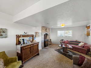 Living area with a wood stove, carpet flooring, and a textured ceiling