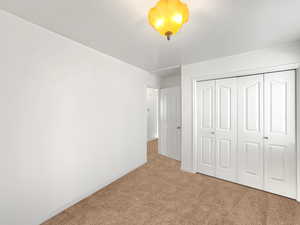 Unfurnished bedroom with carpet floors and a closet
