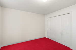 Unfurnished bedroom with carpet floors, a textured ceiling, and a closet