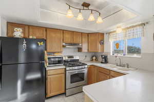 Kitchen with appliances with stainless steel finishes, light countertops, a tray ceiling, and under cabinet range hood