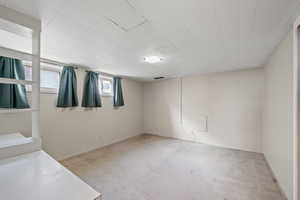 Basement featuring light colored carpet