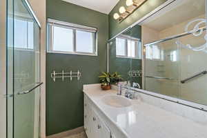 Full bath with vanity and a shower stall