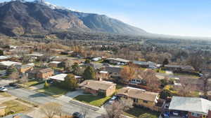Aerial perspective of suburban area with mountains