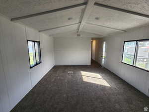 Carpeted empty room featuring wood walls, a decorative wall, and a textured ceiling