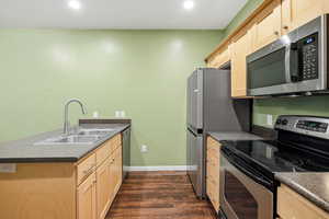 Kitchen featuring light brown cabinets, appliances with stainless steel finishes, a peninsula, dark wood-type flooring, and recessed lighting
