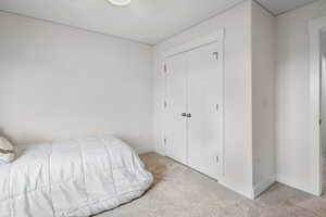Bedroom featuring carpet floors and a closet