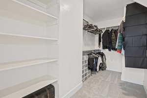 Walk in closet with light colored carpet