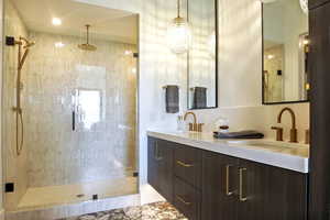 Full bathroom featuring double vanity and a stall shower