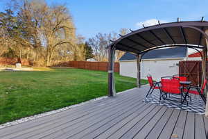 Wooden deck featuring outdoor dining area and a fenced backyard