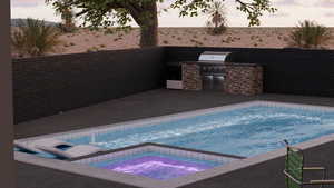 View of swimming pool featuring an outdoor kitchen and an in-ground hot tub