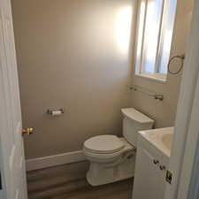 Bathroom featuring dark wood-type flooring and vanity