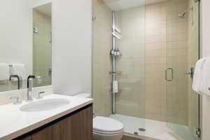 Full bathroom featuring vanity and a stall shower