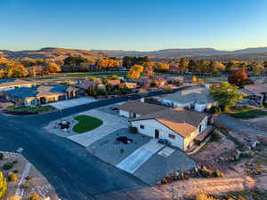 Aerial view at dusk of a residential view and a mountain view