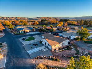 Aerial view of residential area with mountains