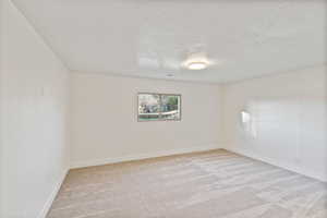Unfurnished room with light colored carpet and a textured ceiling