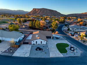 Aerial perspective of suburban area with mountains