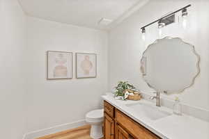 Bathroom with vanity, light wood-style flooring, and a textured ceiling
