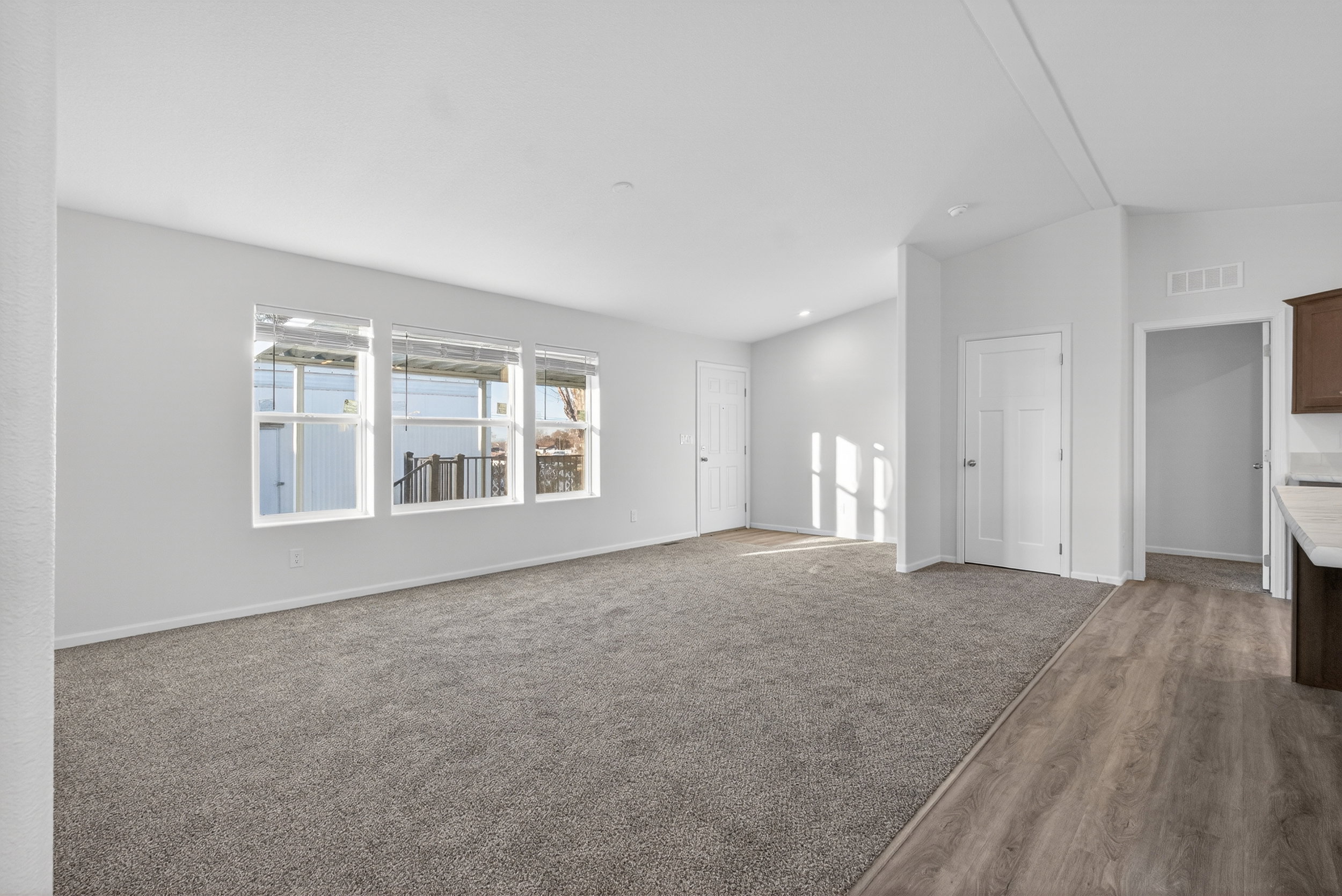 Unfurnished living room featuring lofted ceiling, carpet flooring, and wood finished floors