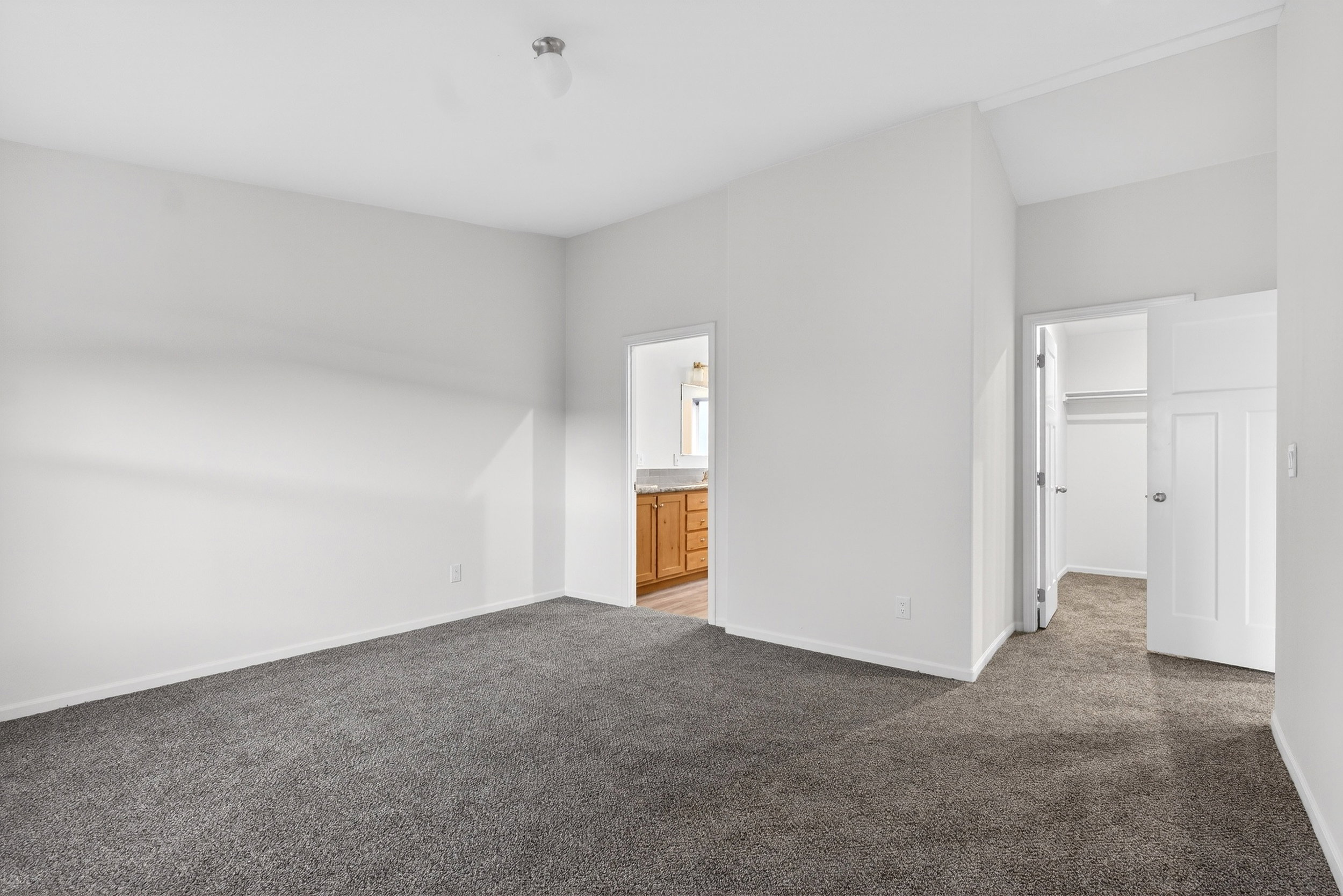 Unfurnished bedroom featuring a spacious closet, carpet, and connected bathroom
