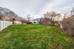 View of yard with stairs and a mountain view