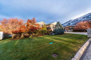 View of grassy yard featuring a mountain view