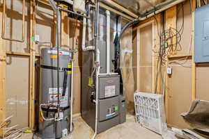 Utilities with electric panel, heating unit, and strapped water heater