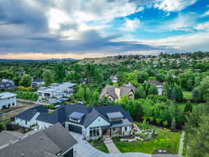 Aerial view of residential area with mountains