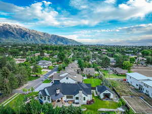 Aerial perspective of suburban area with mountains