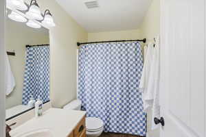 Full bath featuring vanity and a shower with shower curtain
