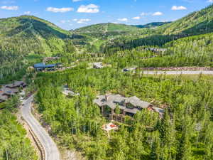 Bird's eye view of mountains and a heavily wooded area