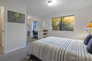 Bedroom with an office area and carpet