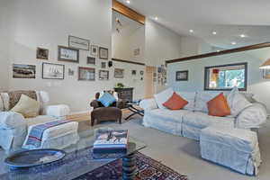 Living area featuring high vaulted ceiling