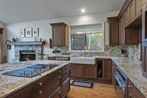 Kitchen featuring light wood-style floors, a fireplace, appliances with stainless steel finishes, light stone countertops, and dark brown cabinetry