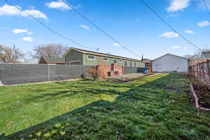 Rear view of house with a fenced backyard and a patio area