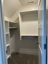 Spacious closet featuring dark colored carpet