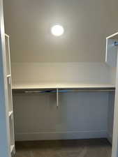Walk in closet with dark carpet