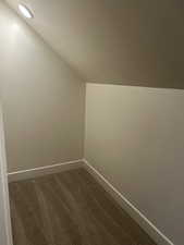 Additional living space with dark colored carpet and vaulted ceiling