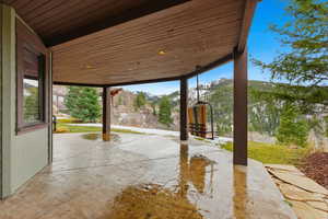 View of patio featuring a mountain view