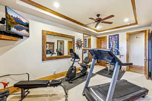 Exercise area featuring ornamental molding, a tray ceiling, recessed lighting, a ceiling fan, and carpet floors