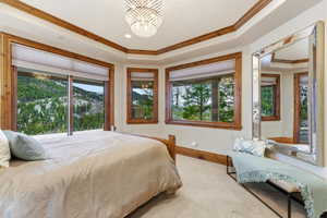 Bedroom with ornamental molding, a raised ceiling, access to exterior, multiple windows, and a chandelier