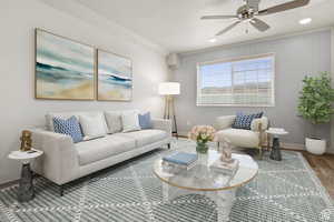 Living area with wood finished floors, recessed lighting, a ceiling fan, and wooden walls