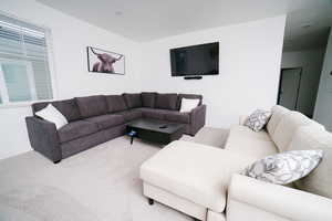 Carpeted living room with baseboards