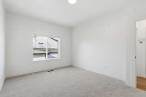 Spare room with light colored carpet and baseboards