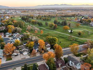 Aerial view of residential area featuring mountains