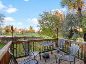 Wooden terrace featuring a lawn