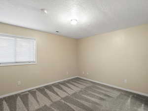 Spare room featuring a textured ceiling, carpet floors, and a smoke detector