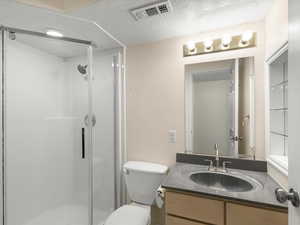 Bathroom with vanity, a textured ceiling, and a stall shower